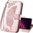 thumbnail image 1 of Funda tipo cartera para T-Mobile Revvl 6 5G, de piel sintética, con tapa, correa para la muñeca, ranuras para tarjetas, bolsillo con soporte y diseño de mariposas en relieve., 1 of 8