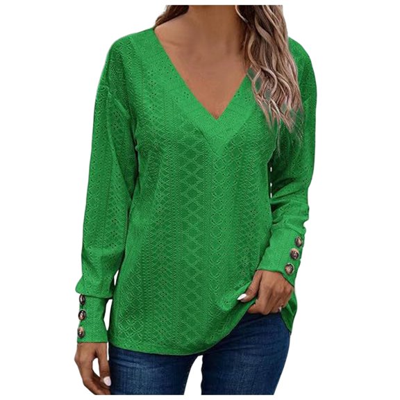 Women's Tops Dressy Casual V Neck Long Sleeve Buttons Hollow Out Lace Embroidered Blouses Shirts Shirt Juniors Women Plain Long Sleeve Shirts Apparel T Shirt Turtle Neck Tee Womens Work Out
