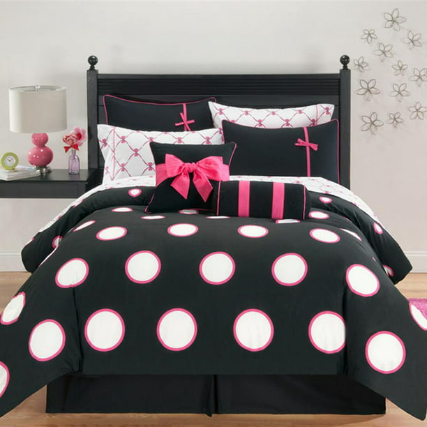 Black Polka Dots Twin Comforter Set, Hot Pink Twin Bed Set