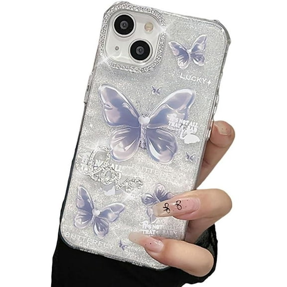 for iPhone Case,Luxury Crystal Bling Glitter Butterfly Pattern with 3D Diamend Love Soft Shockproof Phone Case (Purple,iPhone 13)