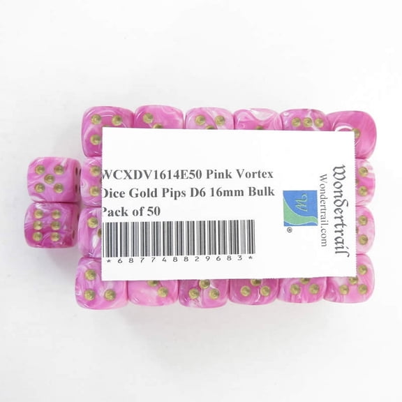 Pink Vortex Dice with Gold Pips D6 16mm (5/8in) Bulk Pack of 50 Wondertrail