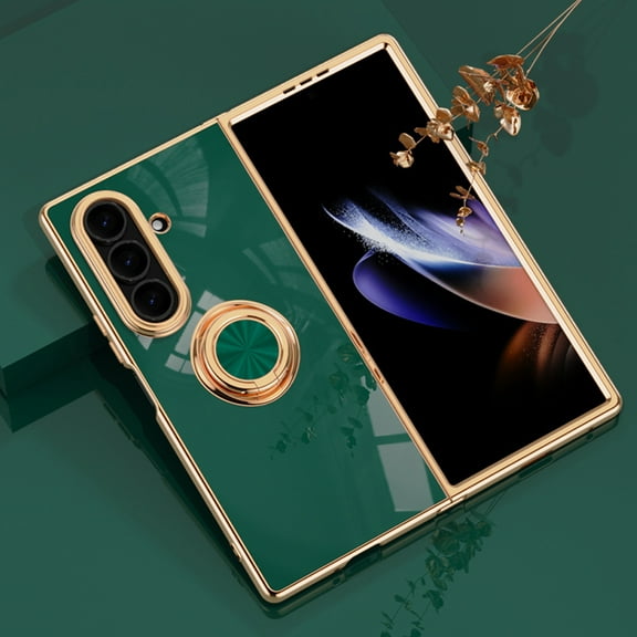 Case for Samsung Galaxy Z Fold 7 Case with Ring Stand [360° Rotatable Ring Holder Magnetic Kickstand][Support Car Mount] Plating Rose Gold Edge Soft Flexible TPU Luxury Phone Case, Darkgreen
