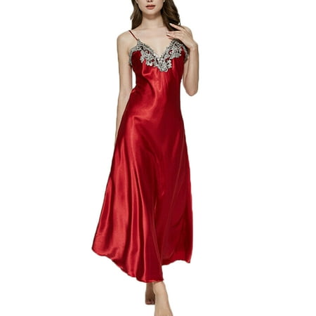 

Fullvigor Women Satin Silk Sleeveless V Neck Pajama Long Nightdress
