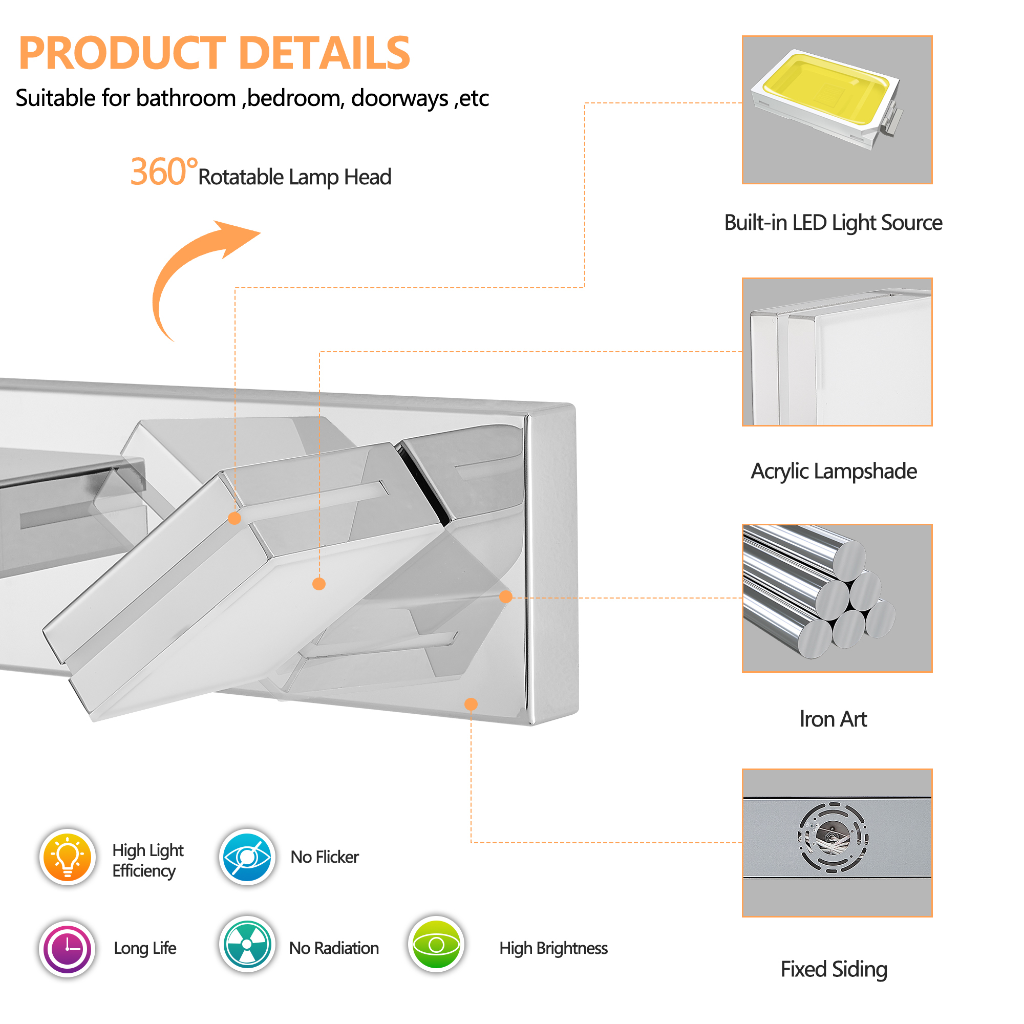 Leumius Modern 8-Light LED Vanity Light, Sleek Minimalist Design, Energy-Efficient, Easy to Install Wall Sconce for Mirror, Bathroom, Bedroom and Hallway Chrome