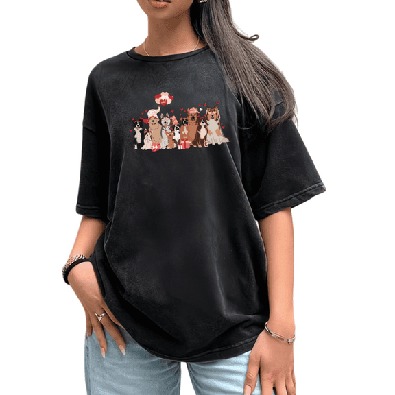 Women's Black Washed Print Tshirt Graphic Tees Valentine's Day Dog Group Pattern Shirts S-2XL Casual Daily Tops
