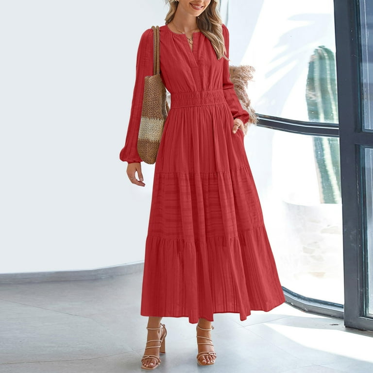 cocolona Womens Long Sleeve Maxi Dress V-Neck Pleated Elastic Waist Flowy  Dress Fall Wedding Guest Dresses with Pockets - Walmart.com