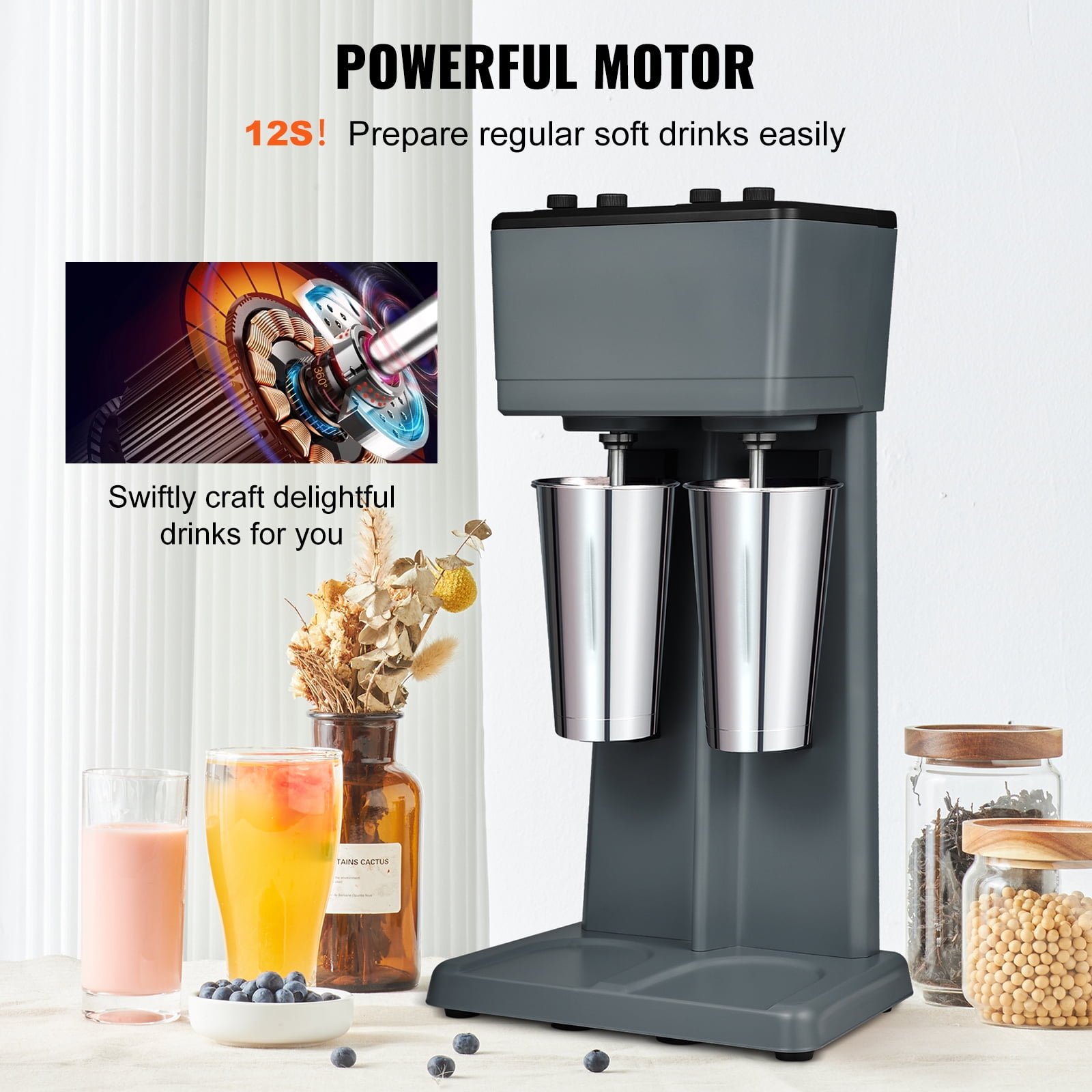 VEVOR Commercial Milkshake Machine, 375W Dual Head Milkshake Maker Mixer, 3-Speed Drink Blender Machine, Includes 2 Pack 820ml Stainless Steel Cups