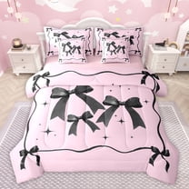 Feelyou Black Pink Bow-tie Twin Bedding Sets 7-Piece for Kid, Butterfly Knot Princess Bedding Comforter Set, Watercolor Bowknot Reversible Sheet Sets, Microfiber Bedroom Decor