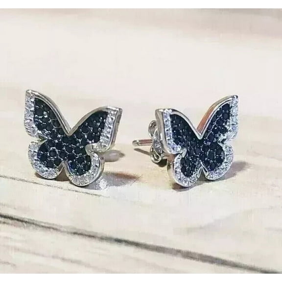 Mangal Jewels 2 Ct Round Black And White Diamond Butterfly Shape Womens Stud Earrings 14k White Gold Finish