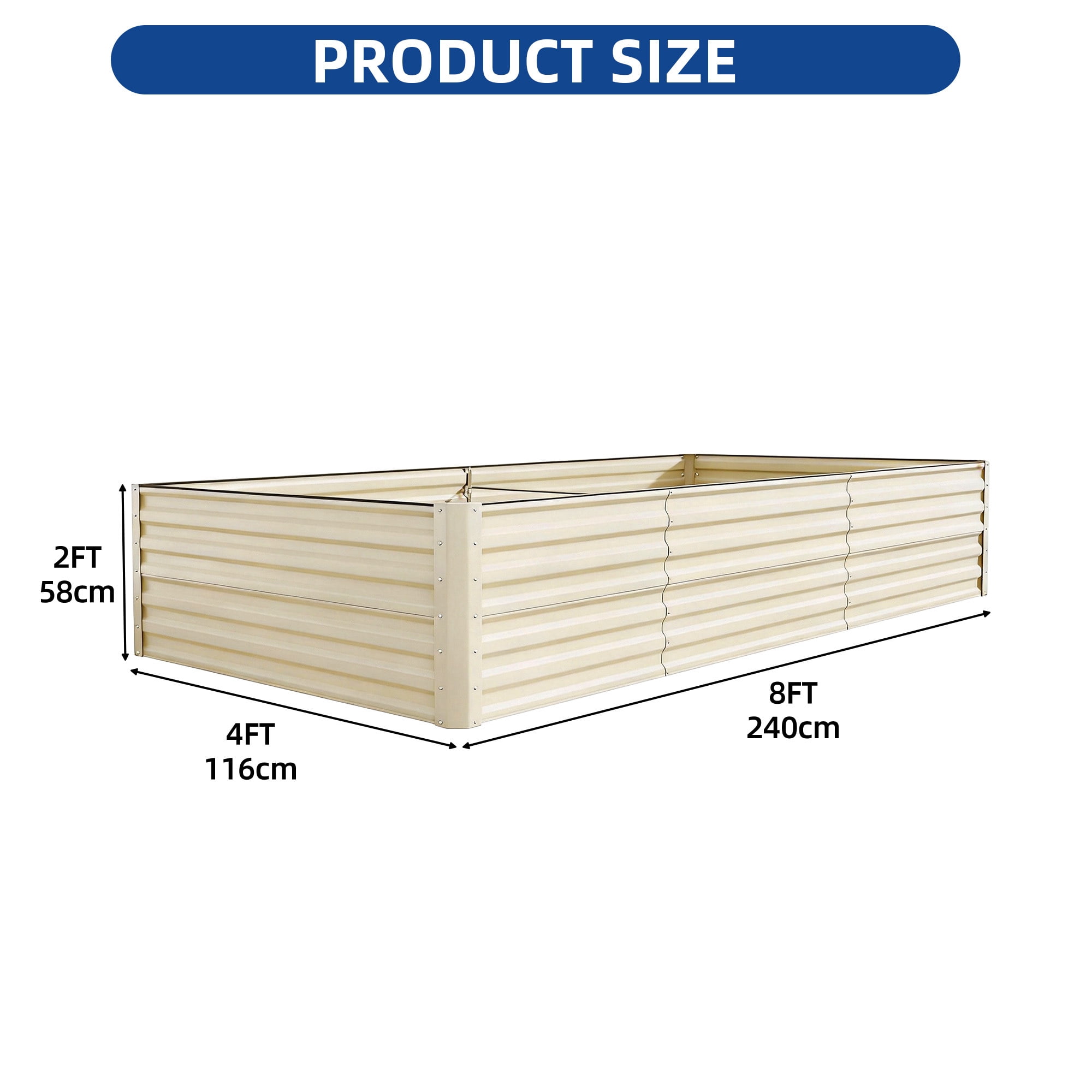 8X4X2FT 1 Pack Galvanized Metal Raised Garden Bed Kit with Gardening Gloves, Support Rod & Safety Rubber, Outdoor Above Ground Planter Box for Plants Vegetables Flowers, Cream White
