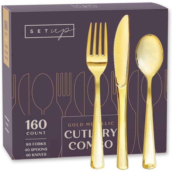 SETUP Gold Plastic Cutlery Set 80 Forks, 40 Spoons, 40 Knives Combo, 160-Count