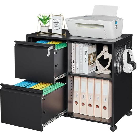 Yizosh 2-Drawer Metal File Cabinet with Lock, Mobile Lateral Filing Cabinet, Printer Stand with Adjustable Storage Shelves for Home Office (Black)