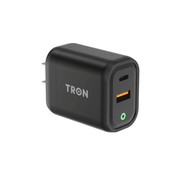 TRON 20W Dual Port USB-C and USB-A Wall Charger, PD and QC3.0 Fast Charging Block, for iPhone 16 15 14, Android Phones, Tablets, and More, Compact Home Office and Travel Power Adapter, Black
