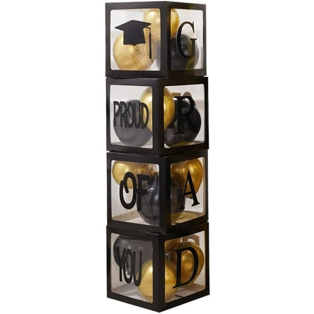 4PCS 2025 Graduation Party Decorations Black Clear Boxes for Balloons with Different Letters with Letters GRAD Class of 2025 Proud of You Clear Balloon Blocks Graduation Party Supplies Kit