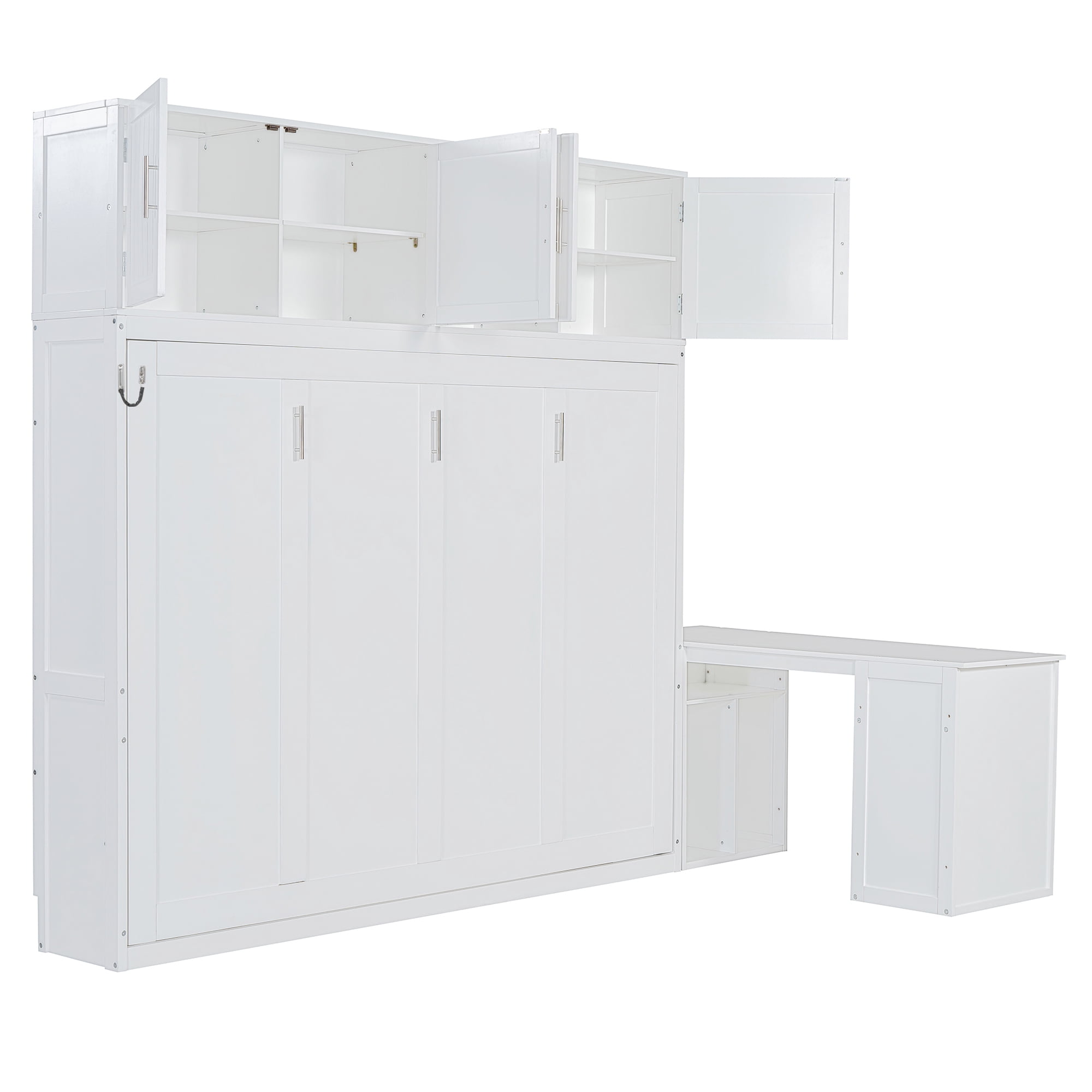 Mintazer Queen Size Murphy Wall Bed with Top Storage Cabinets & Movable Office Desk, Foldable Cabinet Bed for Guest Room Home Office, White
