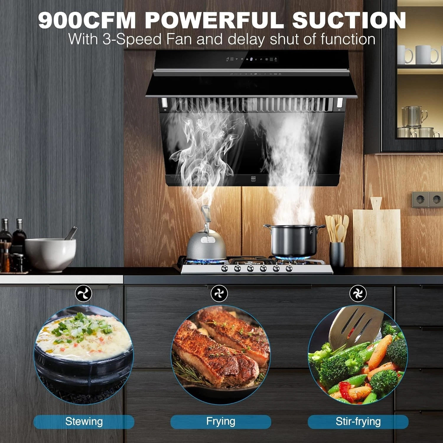30 inch Under Cabinet Range Hood 900CFM Gesture Touch Control Tempered Glass Modern Vent Hood Kitchen