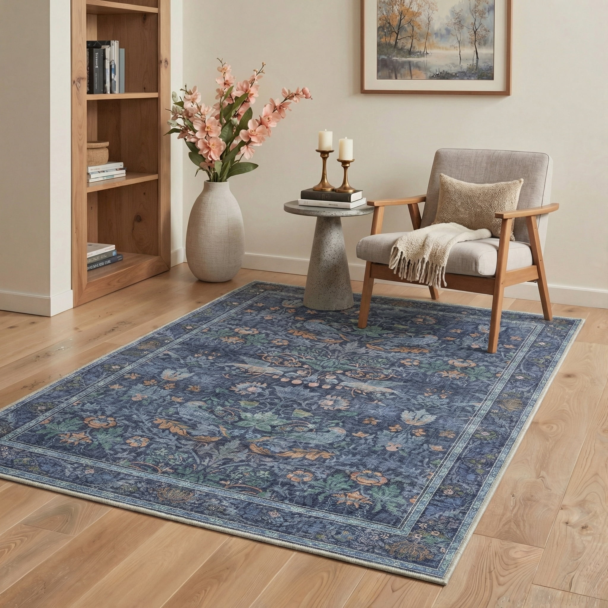 KUETH 8'x10' Vintage Floral Area Rugs for Living Room, Non Slip Machine Washable Forest Bird Rug, Low Pile Print Rug for Bedroom Dining Room Home Office