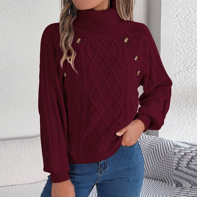 Suéter de cuello alto para mujer, informal, liso, con botones, de masa, con giros, cuello alto, manga farol, blusa de poliéster para mujer