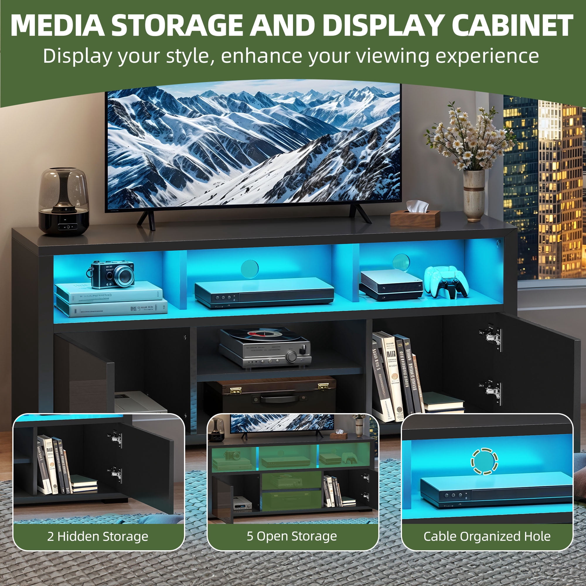 Uforic TV Stand for 55 inch TV, Modern LED Entertainment Center TV Console Media Cabinet,Black