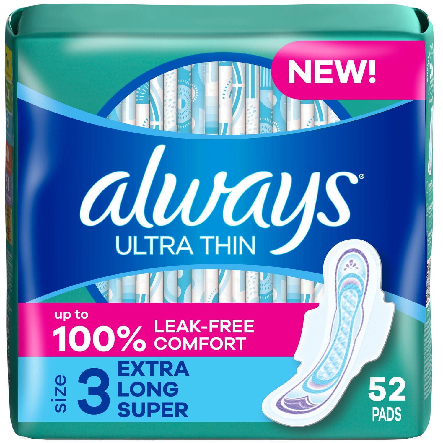 Always Ultra Thin Feminine Pads with Wings for Women, Size 3, Extra Long Super Absorbency, Unscented, 52CT