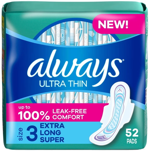 Always Ultra Thin Feminine Pads with Wings for Women, Size 3, Extra Long Super Absorbency, Unscented52 count
