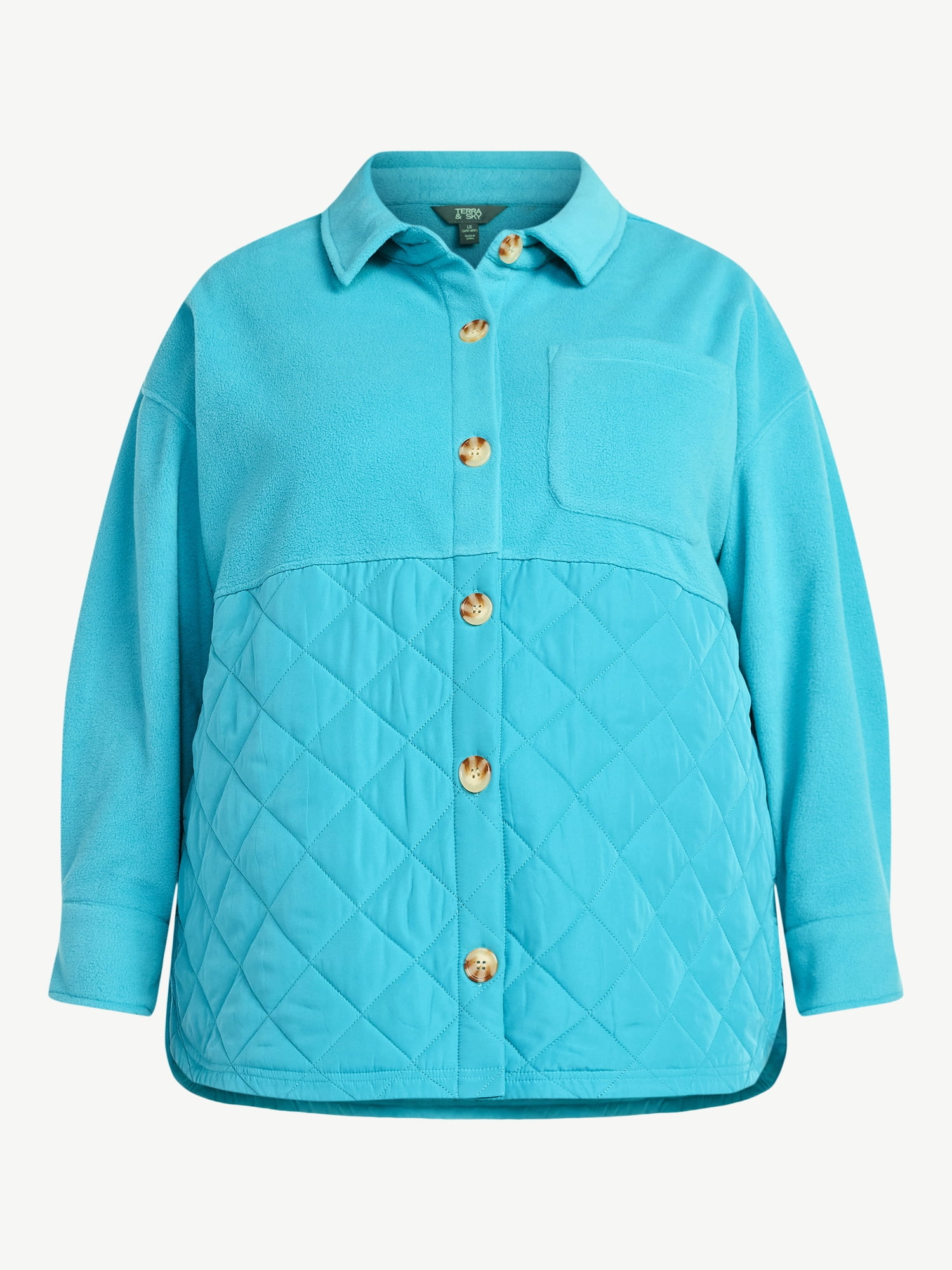 Terra & Sky Women's Plus Size Quilt Mix Button Front Shacket with Long Sleeves, Sizes 1X-5X