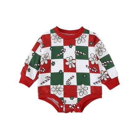 

Lesimsam Baby Girls Christmas Romper 3M 6M 12M 18M Long Sleeve Crew Neck Playwear Plaid Flower Candy Cane Print Bodysuit Clothes for Casual Daily