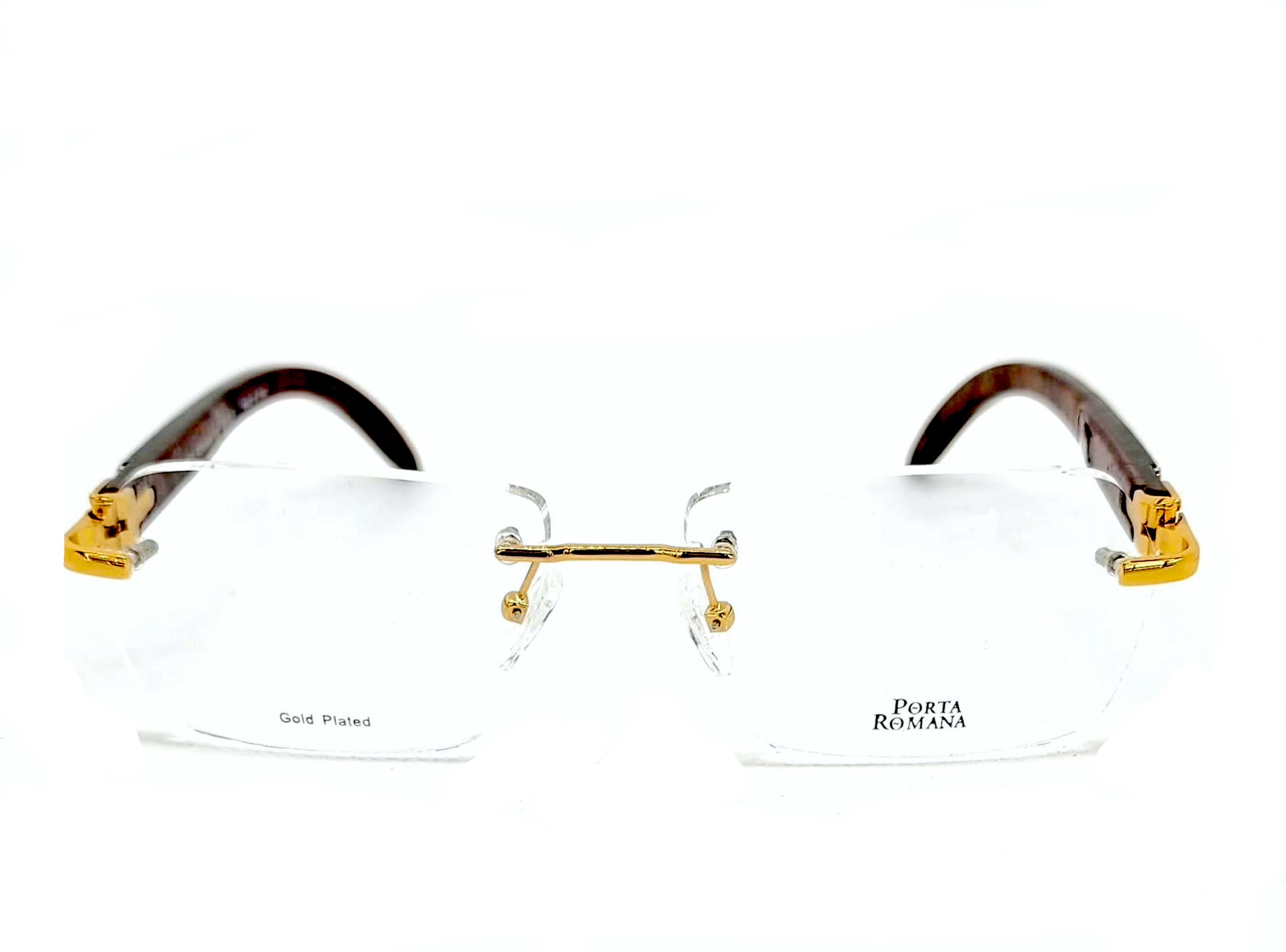 Porta Romana Model 1955 Gold Plated Frame with Bubinga Lacquered Wood Prescription Eyeglass Porta Romana Model 1955 Gold Plated Frame with Bubinga Lacquered Wood Prescription Eyeglass