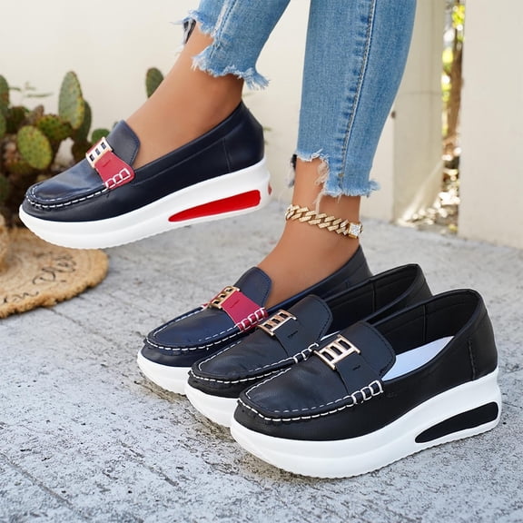 Miluxas Women's Leather Wedge Loafers Slip on Comfortable Loafers Thick Soft Platform Shoes Business Work Walking Dark Blue 9.5(43)