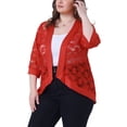 thumbnail image 4 of Cárdigan de encaje de ganchillo para mujer Agnes Orinda, talla grande, con mangas 3/4, ligero y transparente, ideal para el verano, 4X, rojo, 4 of 6
