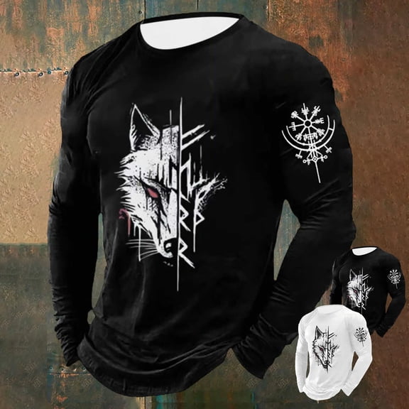 MAOQHI T Shirts for Man Culture Norse Mythology Graphic Long Sleeve Tops Crew Neck Vintage Viking Medieval Casual Soft Tee
