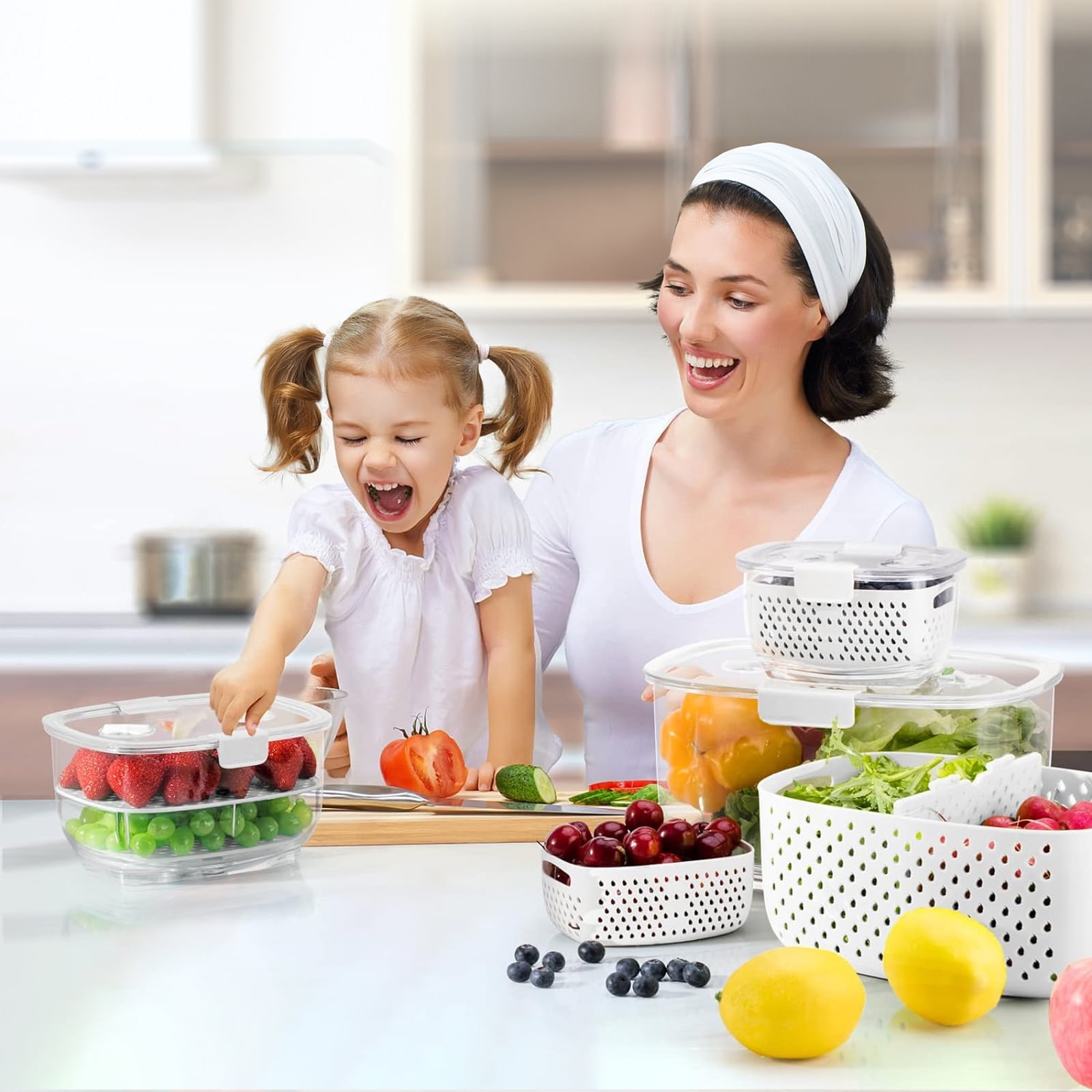 LUXEAR Fresh Container, BPA-free, Partitioned Fruit Storage Container 3 Pack Produce Container for Refrigerator, White