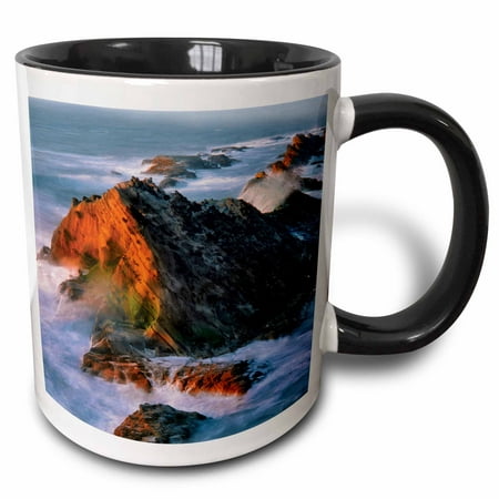 3dRose Oregon, Shore Acres State Park. Sunset light on ocean shore cliffs. - Two Tone Black Mug,