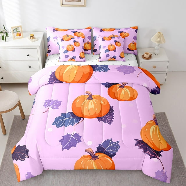 YST Orange Pumpkin 7-Piece Comforter Set, Autumn Harvest Theme, Full, Kids Bedding