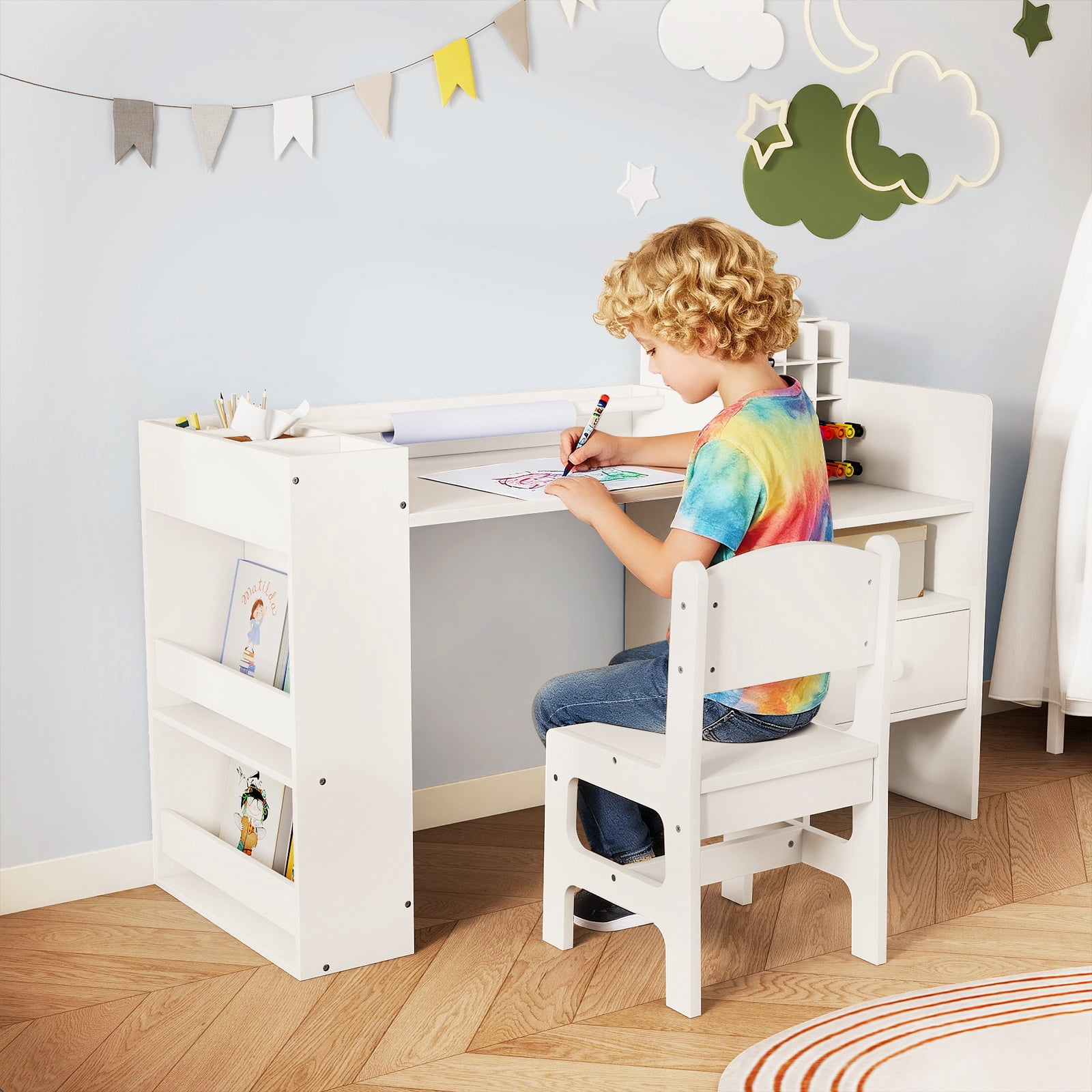 Gymax Kids Art Table & Chair Set w/Detachable Paper Roll Holder & Cubby Cabinet Drawer White
