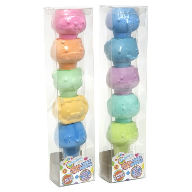 Goofy Foot Designs Animal Chalk Set with two clear packages each containing five colorful, easy-grip animal-shaped chalk pieces stacked vertically, ideal for outdoor sidewalk chalk art and creative play for children aged 3 and up.