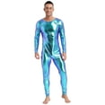 thumbnail image 2 of inlzdz Mens Shiny Metallic Long Sleeve Unitard Gymnastics Leotard Dancewear Blue XXL, 2 of 6
