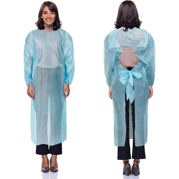 AMZ Disposable Gowns 47". Pack of 100 Blue Isolation Gowns Large. 1 Mil