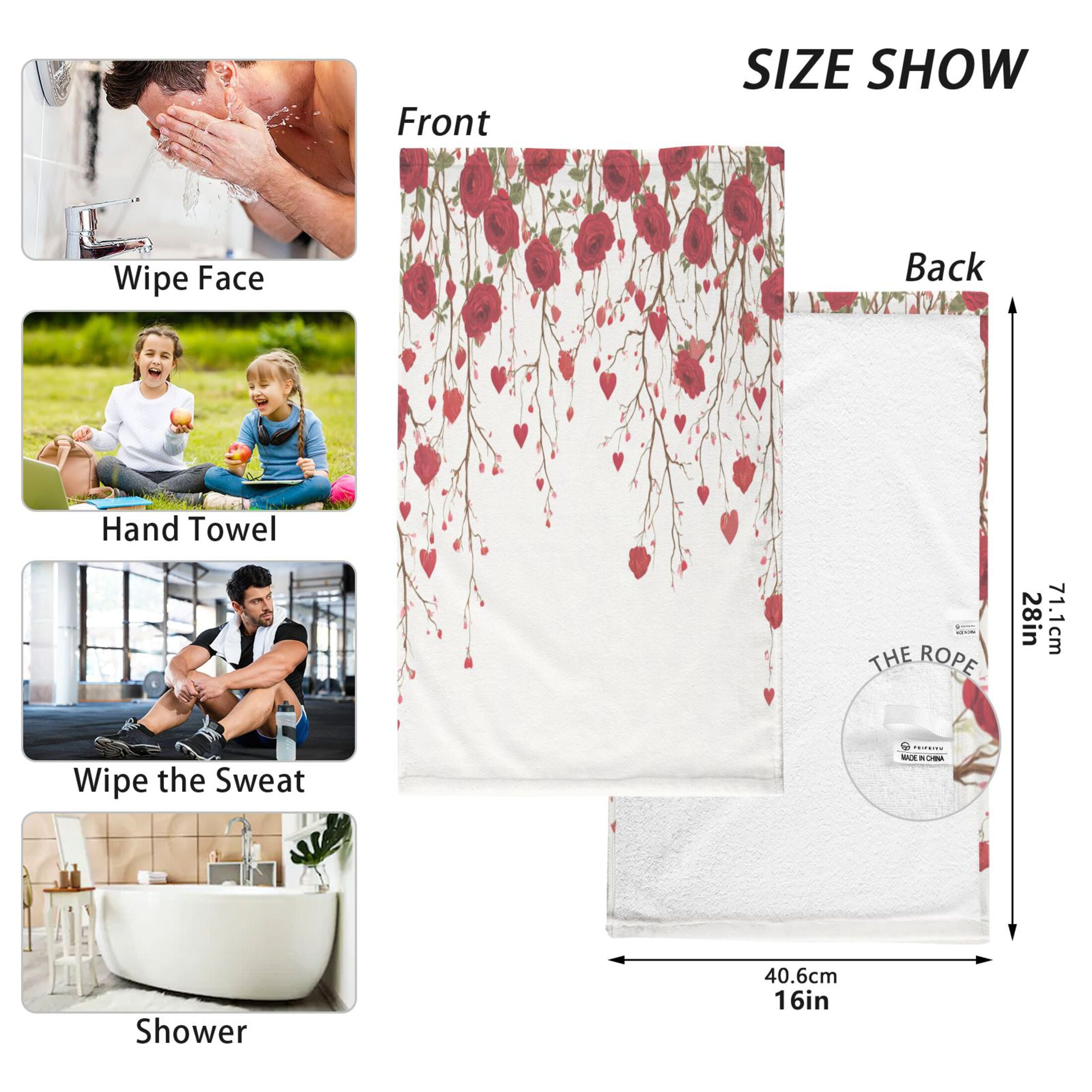 2 Pieces of Cotton Towel Face Towel Set Hand Towel Bath Towel Cotton Bath Towel Sets Red Rose Pattern
