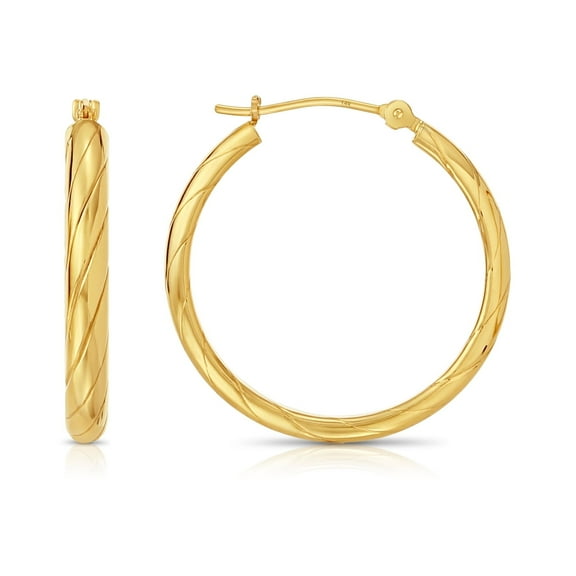Tilo Jewelry 14K Yellow Gold Hoop Earrings with Unique Spiral Design | 25mm | Women & Unisex