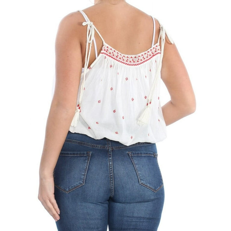 Free People Womens Embroidered Tank Top, Off-White, Large 