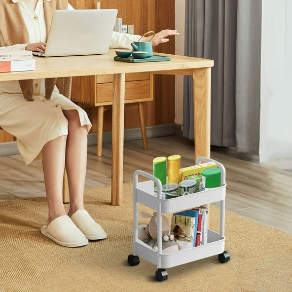 Two-Tier Mobile Storage Rack with Drainage Basket & Brake Wheels - 14.96''x15.75'' Space-Saving Organizer for Kitchen/Bathroom/Bedroom, Sturdy Handrails & Modern Design (0.62lb)