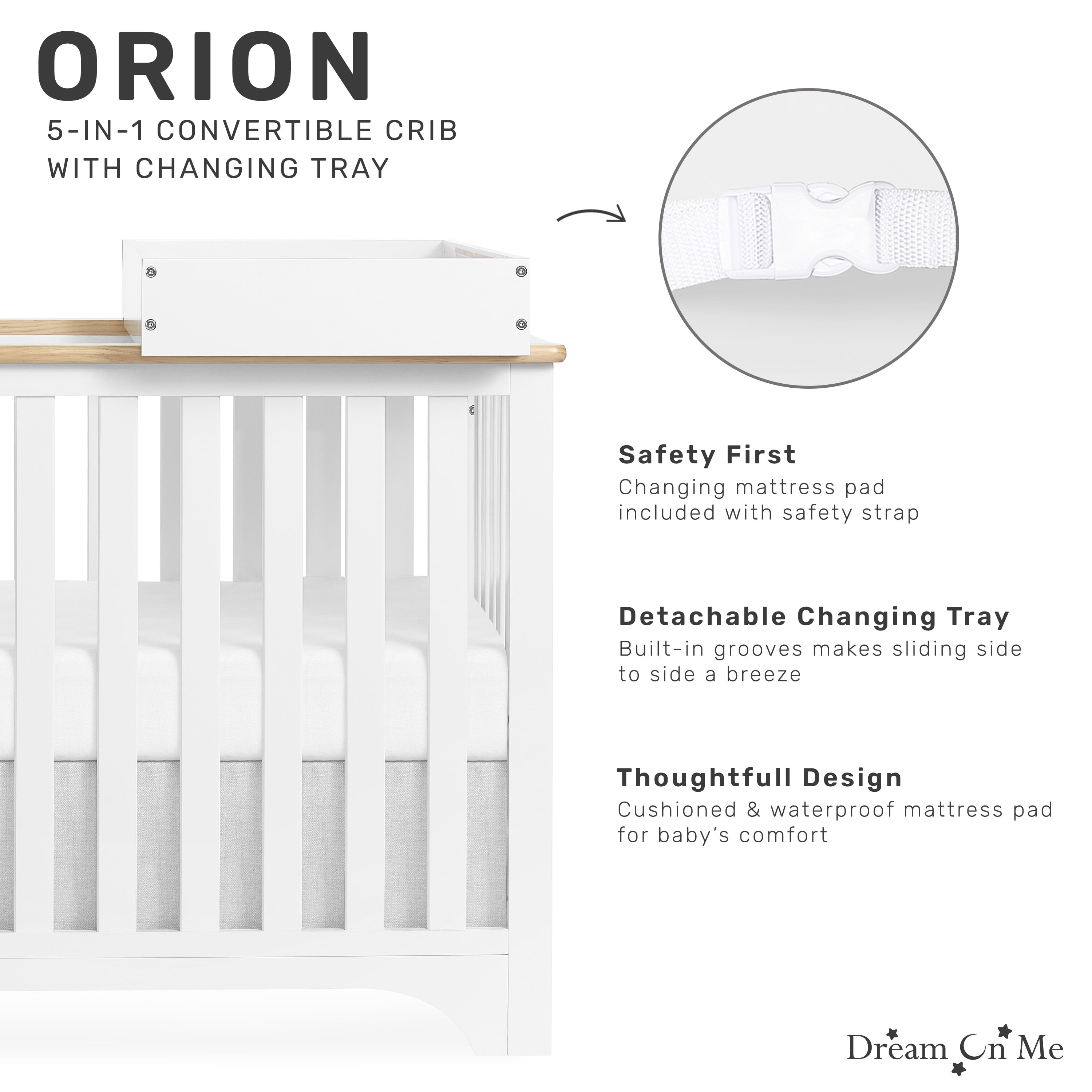 Dream On Me Orion 5-in-1 Convertible Crib with Removable Changing Tray, Vintage White Oak