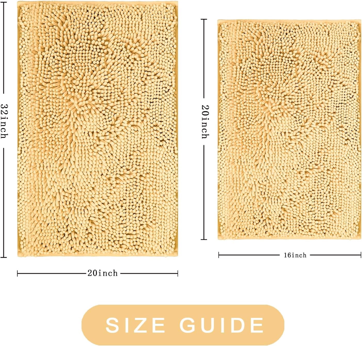 Bathroom Rug Set, 2 Piece Chenille Bath Mat, Ultra Soft Absorbent, Antiskid, Washable, Beige (20x32+16x24 inch)