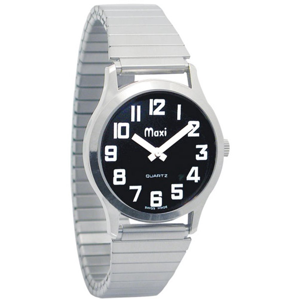 MaxiAids Mens Chrome Low Vision Watch, Black Face, Expansion Band