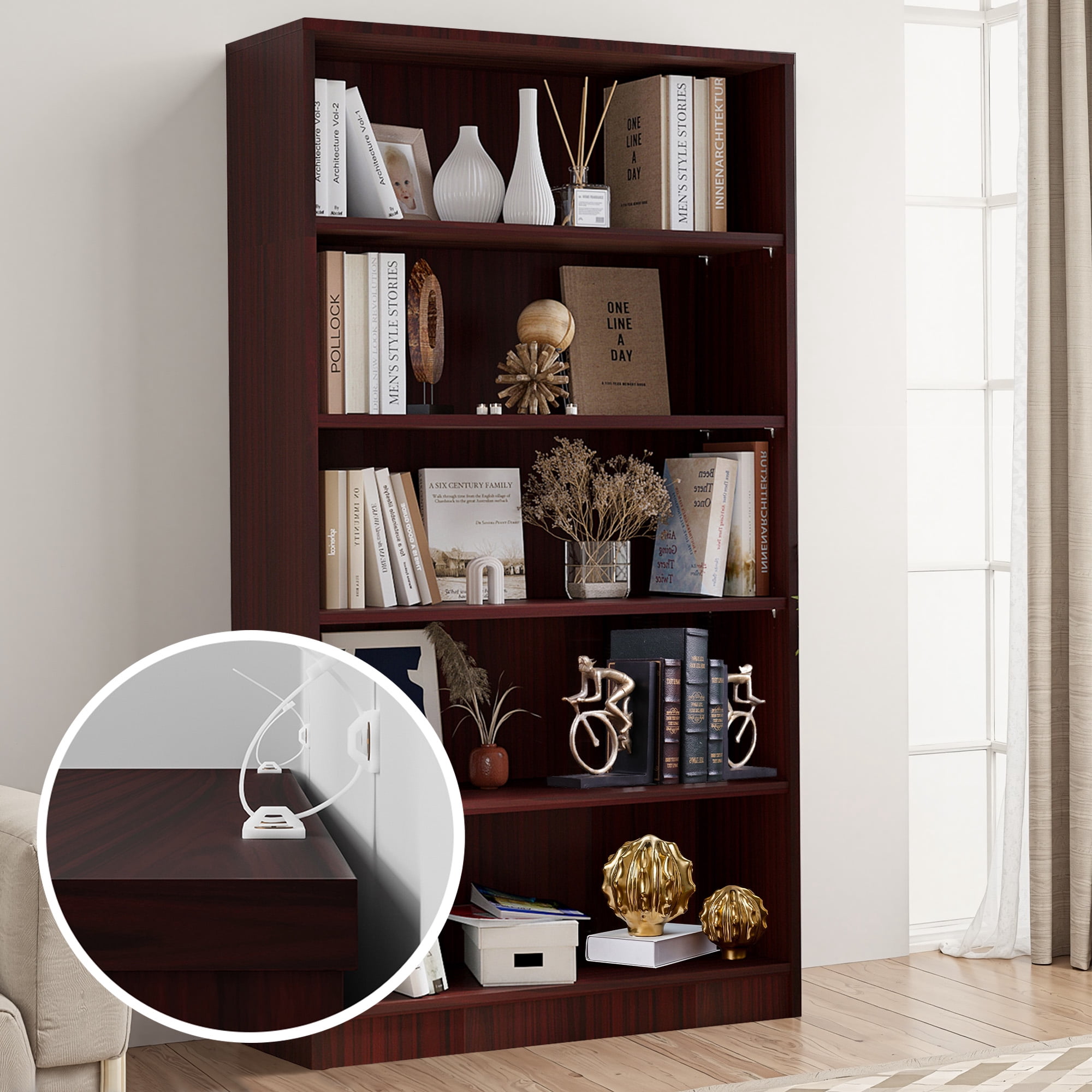 MAYEERTY Mahogany 5-Shelf Modern Wood Bookcase, 60" Tall, for Bedroom, Living Room, and Manga Library