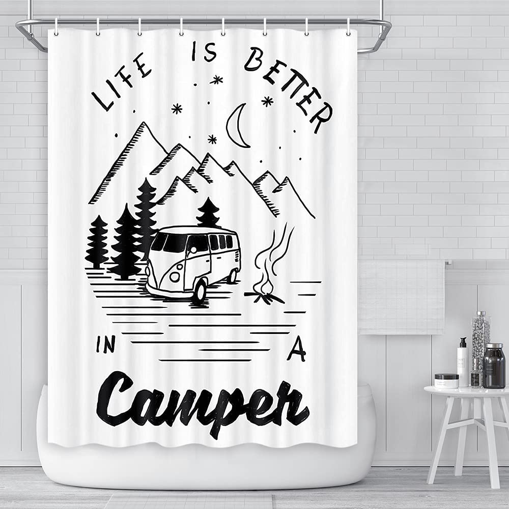 RV Shower Curtains Camper Mountain Moon Forest White Black Camping