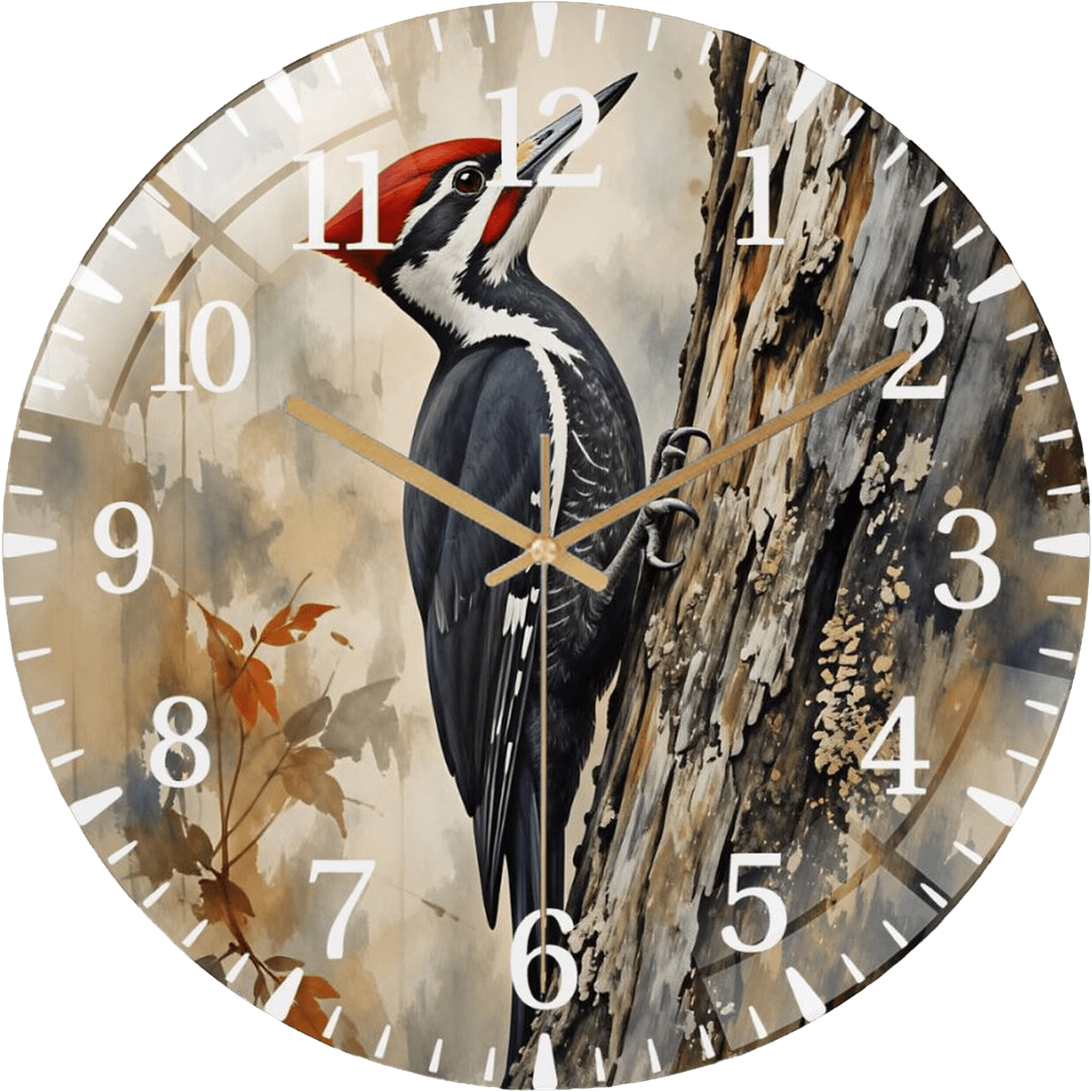 12 Inch Woodpecker Woodland Bird Artwork Glass Wall Clock for Wall Decor , Office Room, Living Room