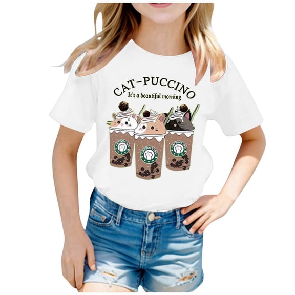Gelikeya Toddler Kids Shirts for Girls Size 6-8 Fashion Cute Printed Casual Round Neck Short Sleeve Shirts Back to School Tops Summer Clothing White 6-8 Years
