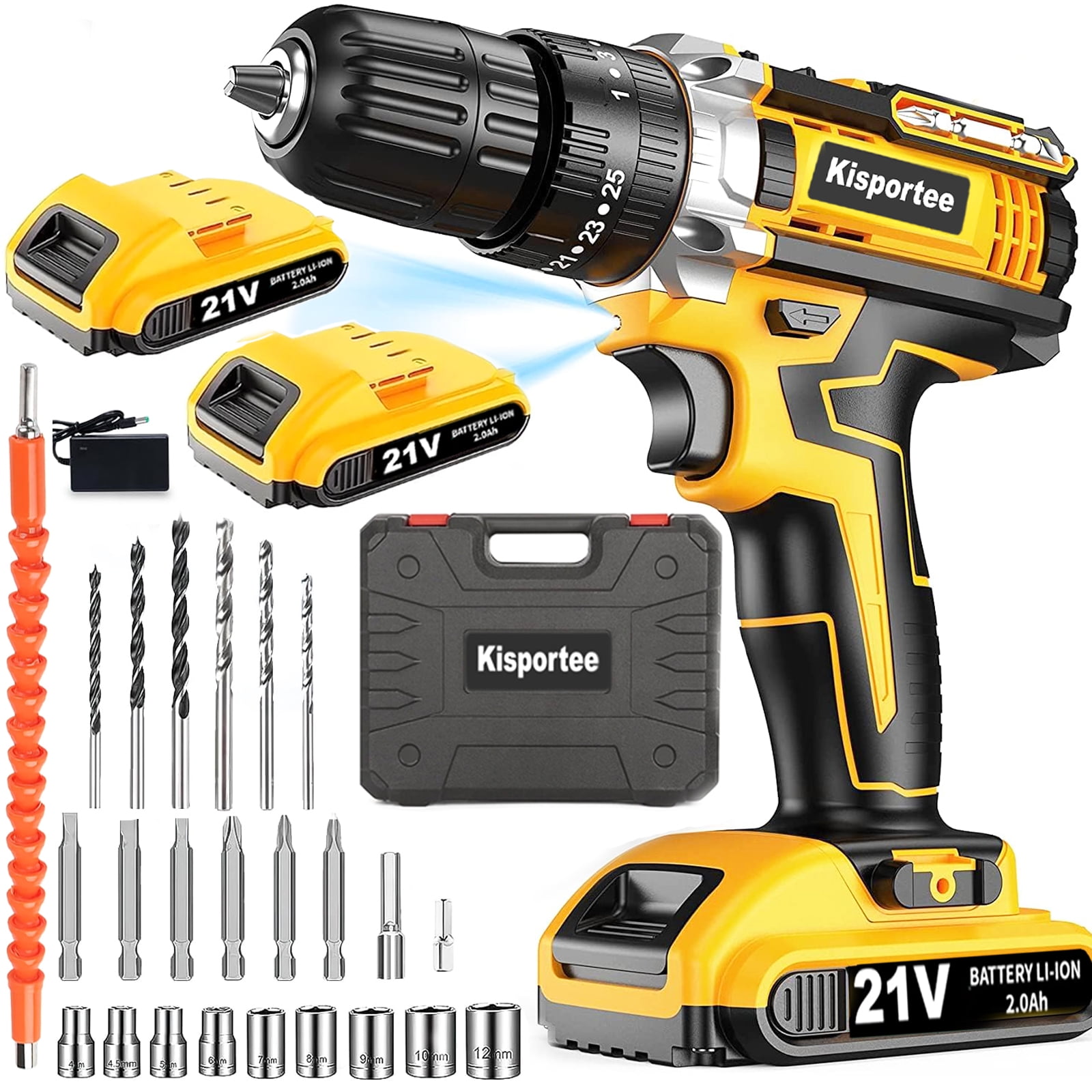 Kisportee Cordless Drill, 21V Power Drill Set with 2 Battery, 3/8"Keyless 25+1 Position Electric Drill & 2-Speed Transmission For Screwdriving and Drilling, Yellow